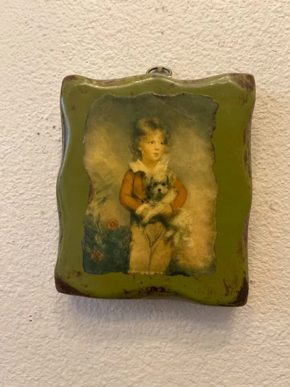 Antique/VTG Decorative Wall Wood Plaque Victorian Style Child & Dog Green